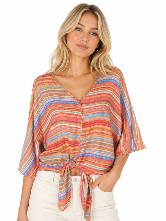 Ali Miles Tops - Ali Miles Top Size Small Orange Stripes Knot Front Artsy 3/4 Sleeves Art to Wear